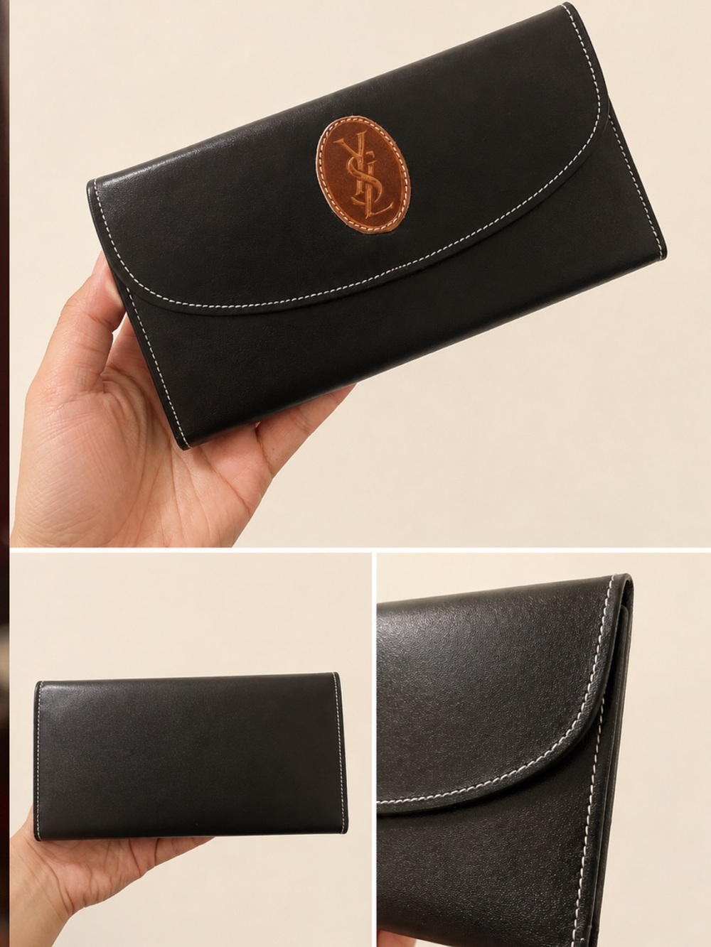 Yves Saint Laurent Black Leather Wallet with White stitching EUC